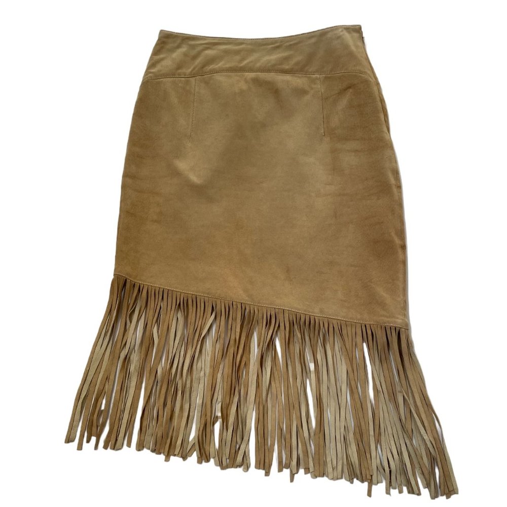 Bebe Angled Fringe Suede Skirt
